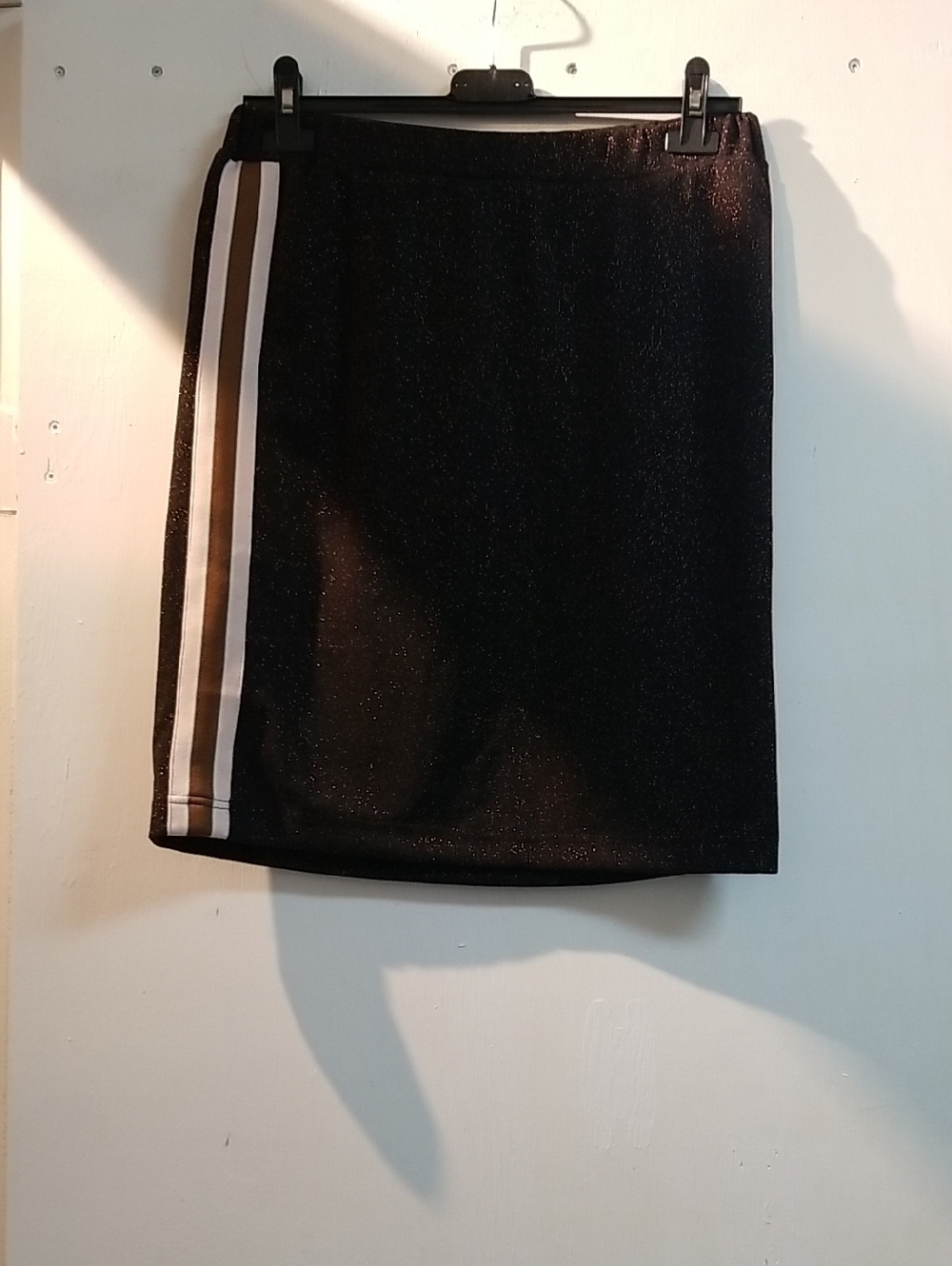 Black Glitter Mini Skirt with Side Contrast Stripes
